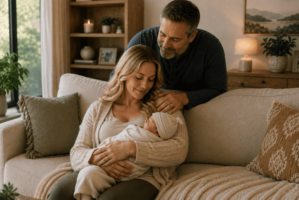 New mother sitting on the couch holding her newborn baby while her husband stands behind her with his hand on her shoulder, lovingly looking at their baby.