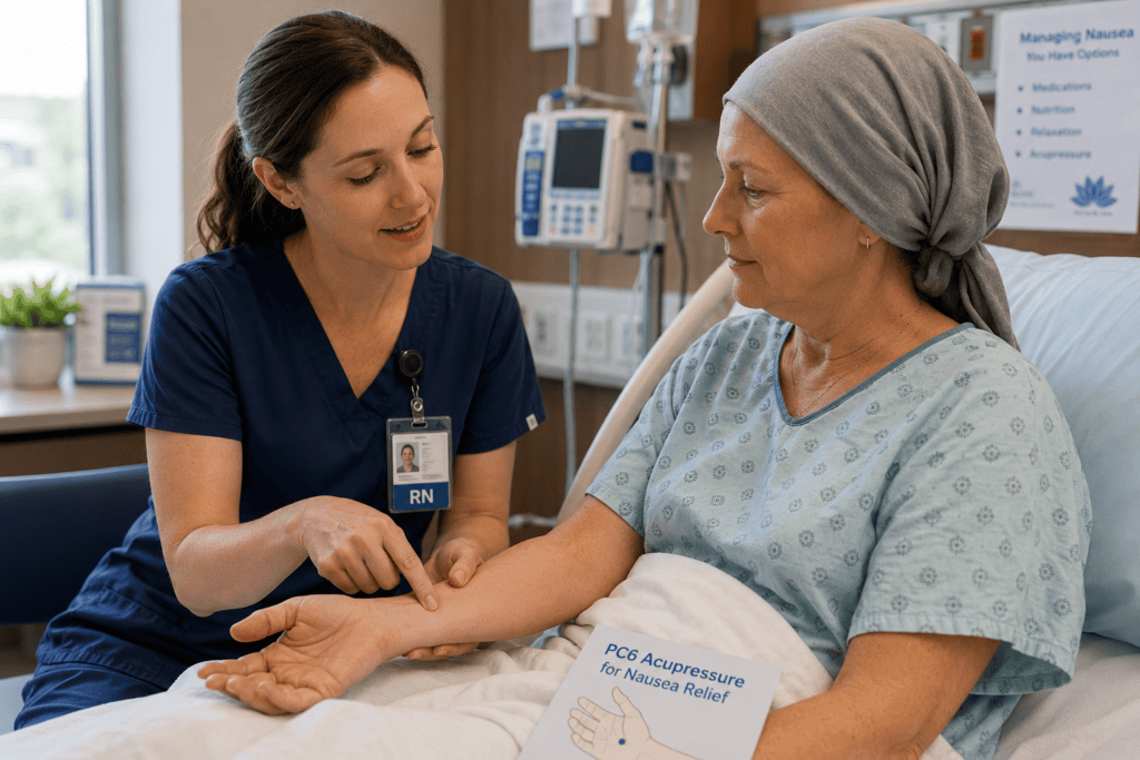 Nurse showing a hospital patient how to press the PC6 point on their wrist to manage chemotherapy-related nausea.