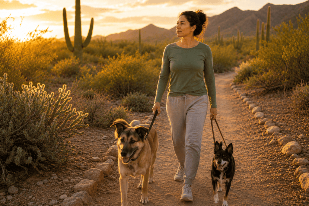 Woman walking two dogs along a peaceful Sonoran Desert trail at sunset as a gentle form of self-care during recovery.