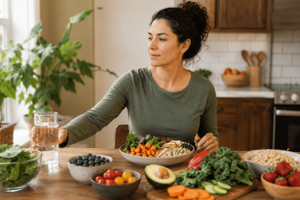 Woman reaching for a glass of water while sitting at a kitchen table with a nourishing meal of whole foods, vegetables, fruit, and grains.
