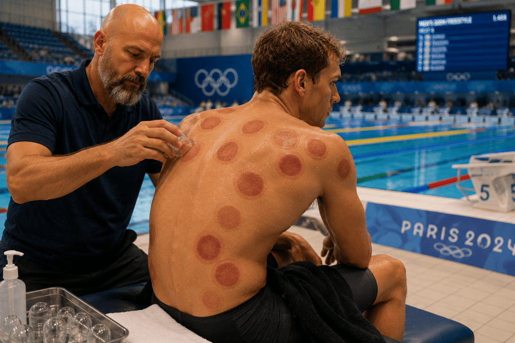 Generic Olympic swimmer with visible cupping marks on the back and shoulders, showing the widespread adoption of Traditional Chinese Medicine recovery.
