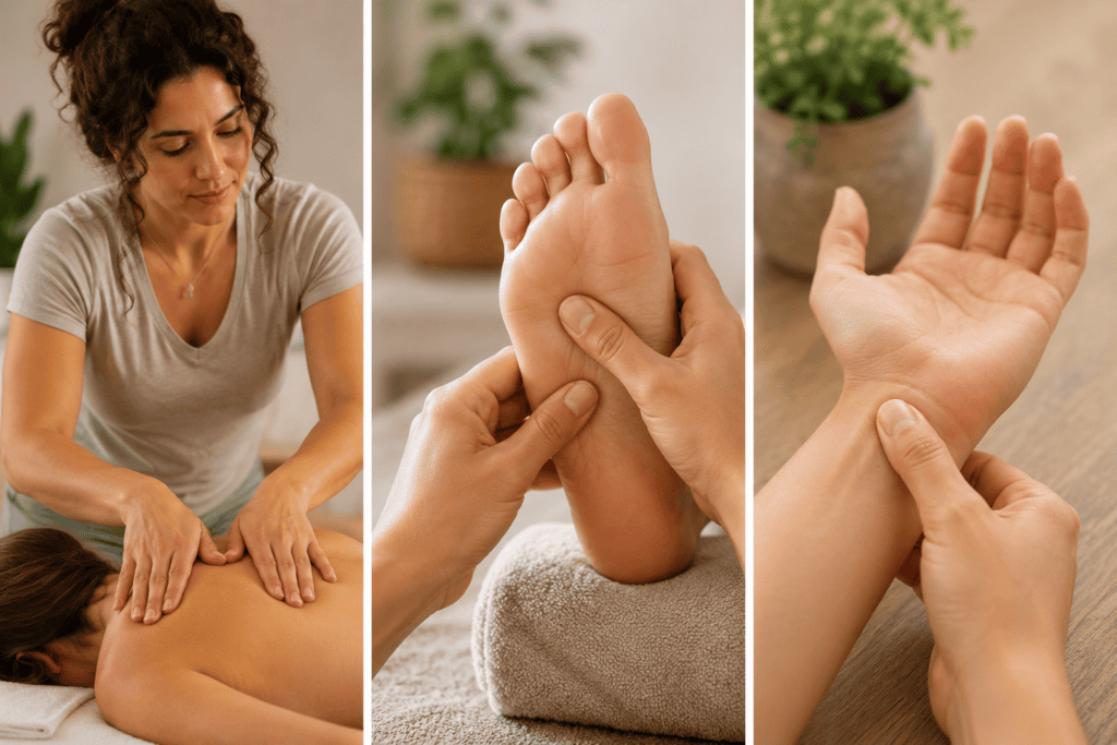 Split-style image suggesting massage, reflexology on the foot, and acupressure as different uses of pressure points.