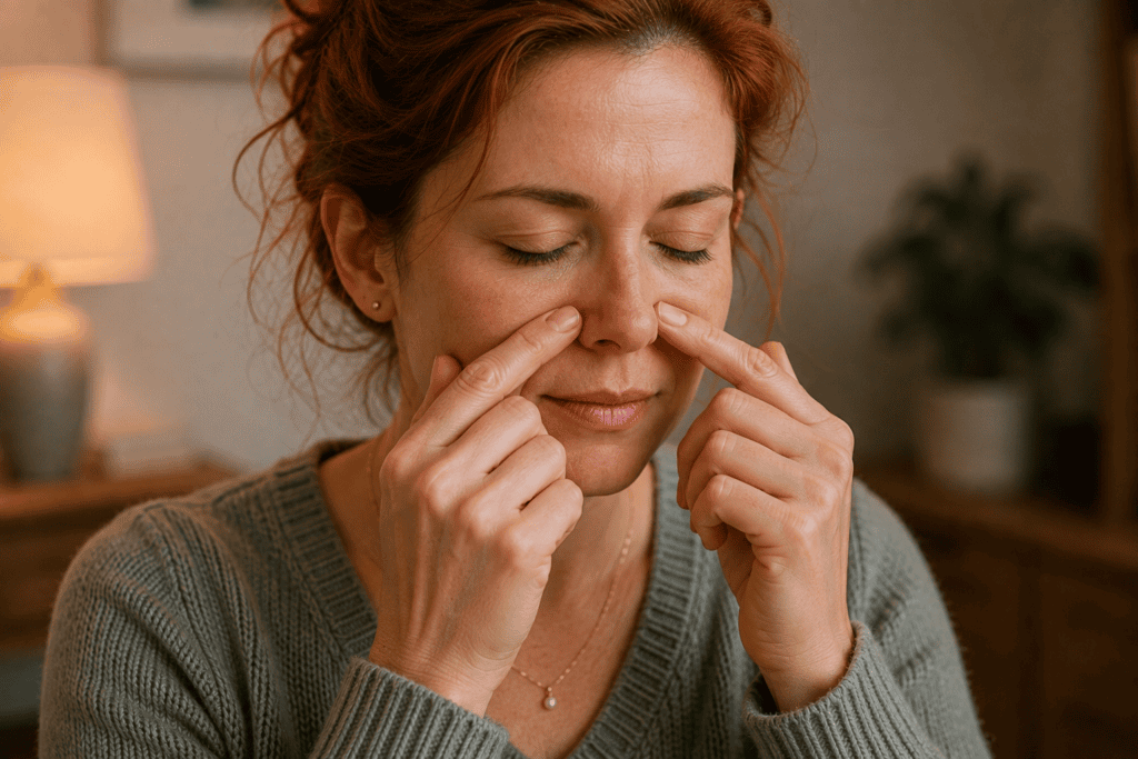 Person gently pressing the points beside the nostrils with eyes closed to relieve sinus pressure.