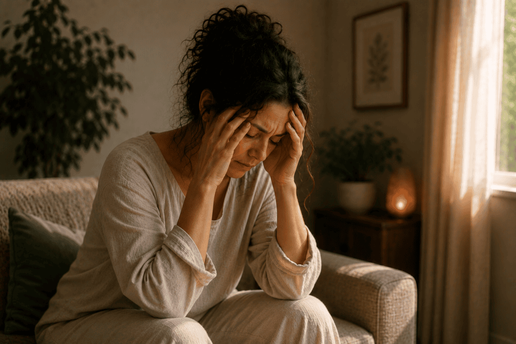 Woman sitting at home holding her head in her hands while experiencing the emotional and physical effects of unresolved trauma.