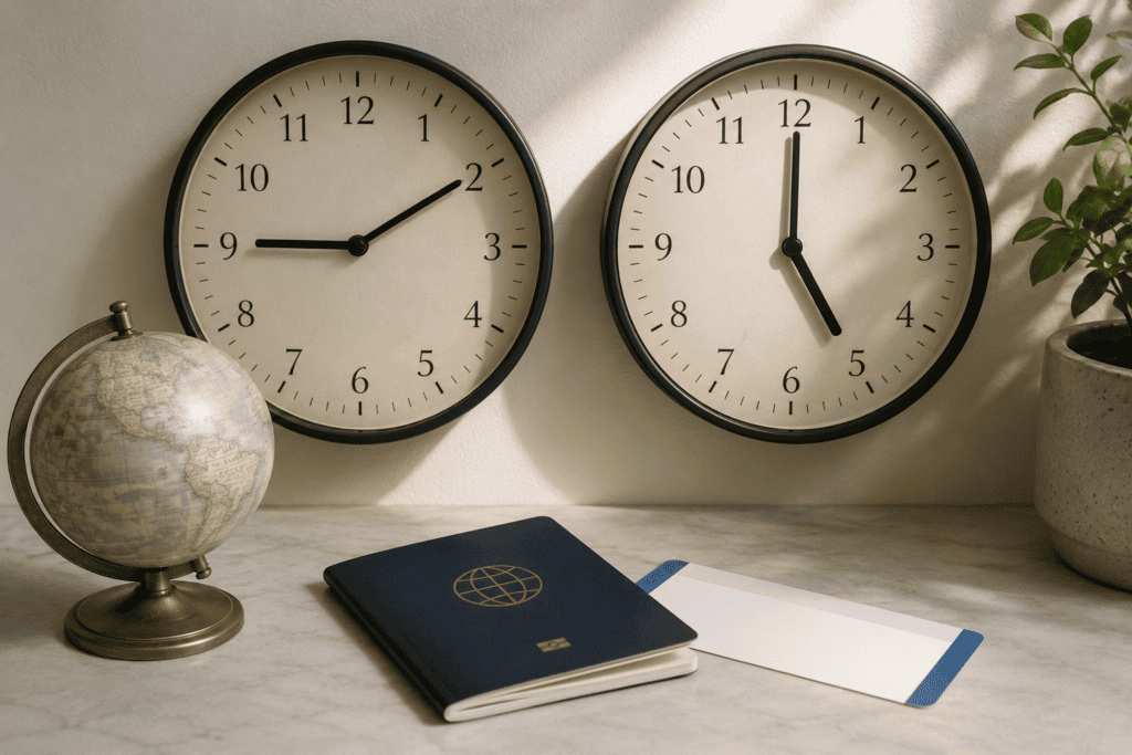 Two clocks showing different times beside a small globe and passport, representing time-zone travel.