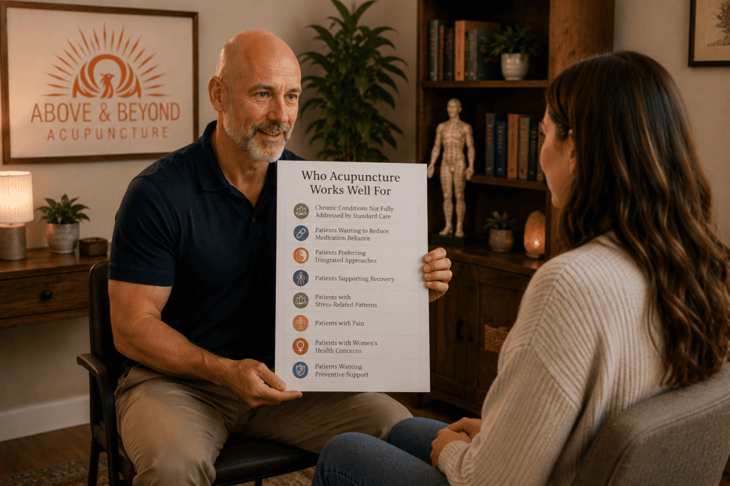Patient in warm consultation with a licensed acupuncturist considering whether they are a good fit for acupuncture treatment based on their specific situation.
