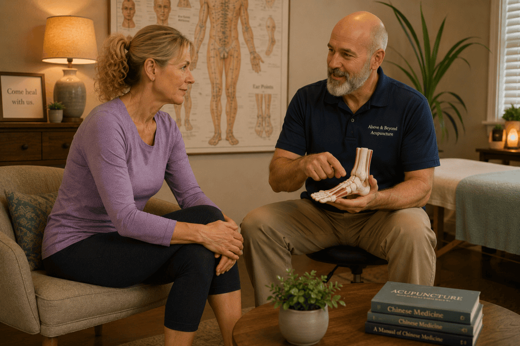 Patient in warm consultation with a licensed acupuncturist discussing chronic plantar fasciitis requiring professional treatment beyond home care.