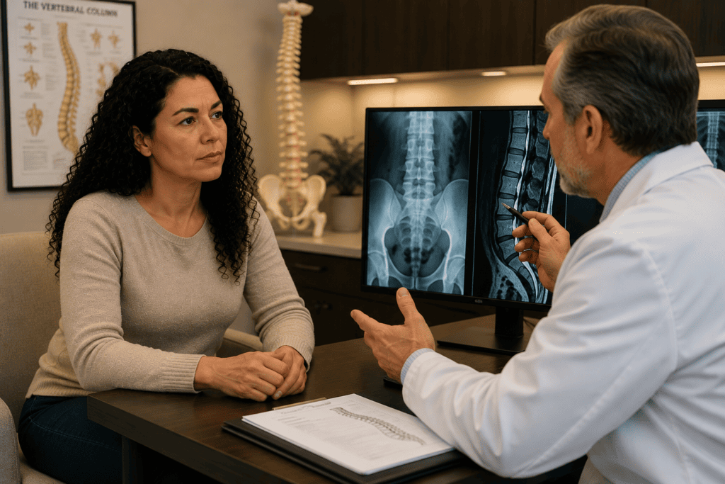 Woman consulting with a spine specialist while reviewing lumbar spine MRI and X-ray images during a medical evaluation for sciatica.