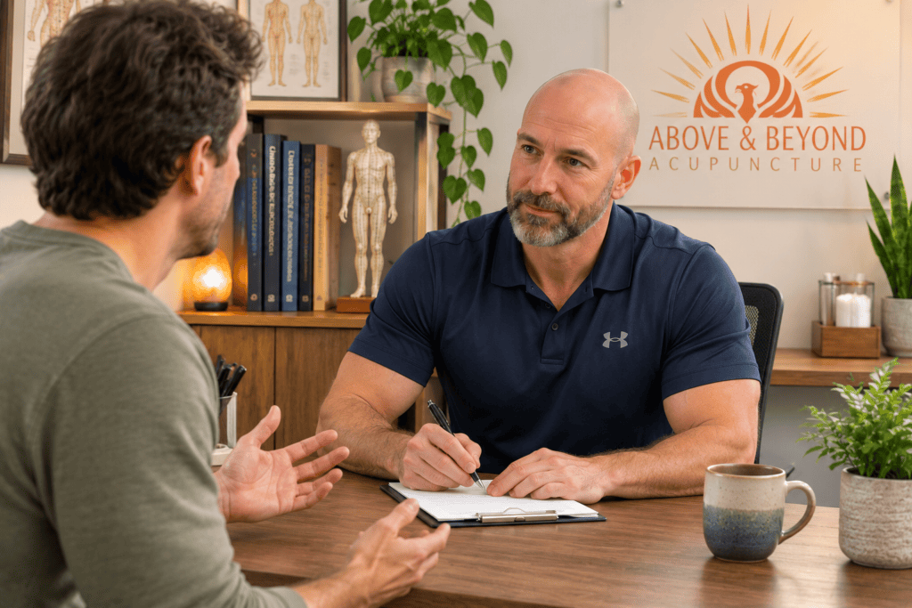 Person seated across from a licensed acupuncturist in a clean consultation room, with the acupuncturist listening attentively while the patient describes their symptoms, illustrating the transition from self care to professional clinical evaluation.