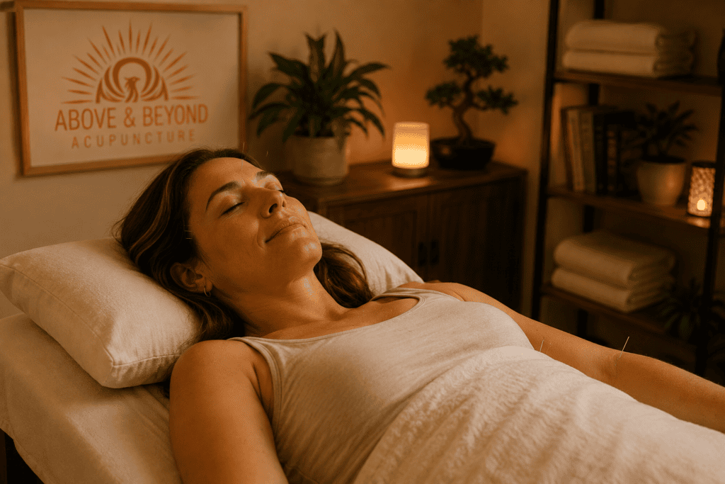 Patient reclining comfortably during an acupuncture treatment session with fine needles placed and eyes closed in relaxation.