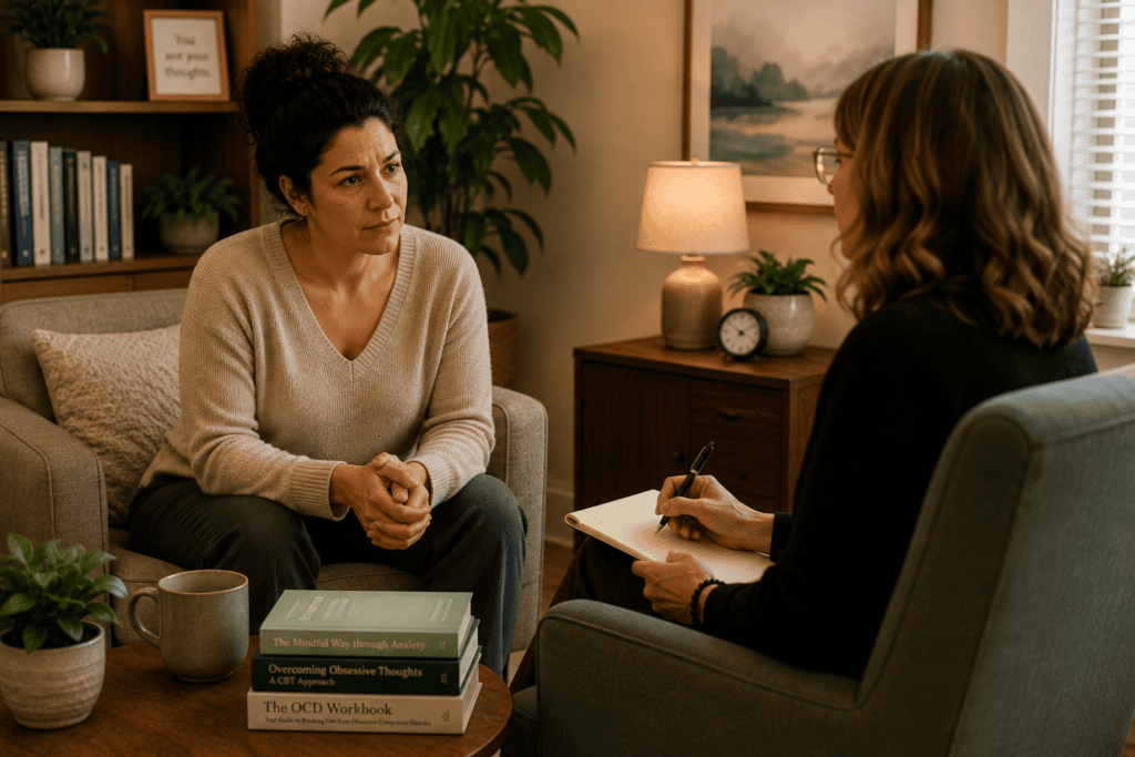 Patient in warm consultation with a mental health professional discussing severe OCD requiring additional professional support.