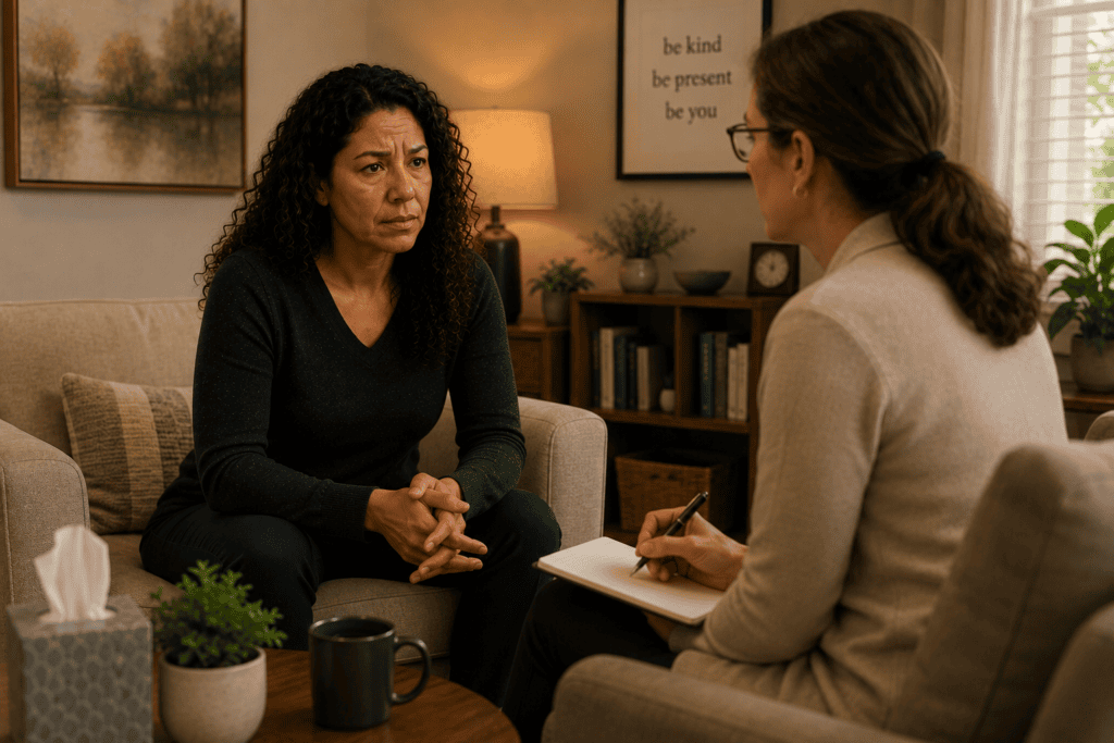 Patient in warm consultation with a mental health professional discussing severe anxiety requiring additional professional support.