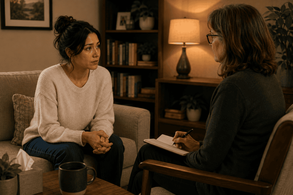 Patient in warm consultation with a mental health professional discussing severe social anxiety requiring additional professional support.