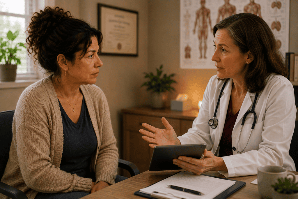 Patient in warm consultation with a physician for appropriate medical evaluation of acute or concerning symptoms.