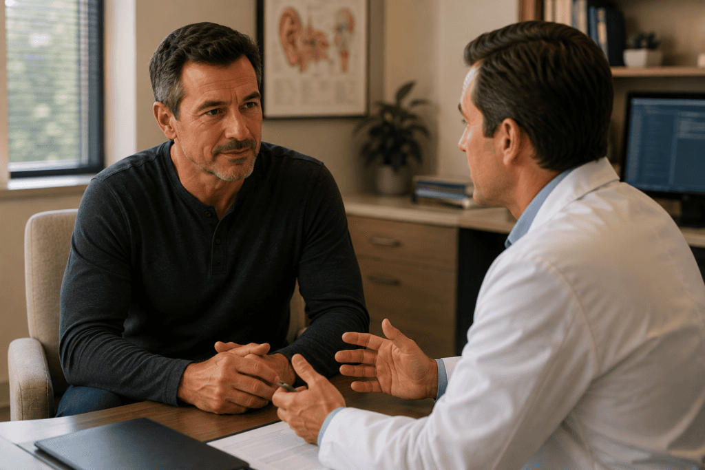 Patient in warm consultation with a physician about tinnitus symptoms requiring medical evaluation for underlying causes.