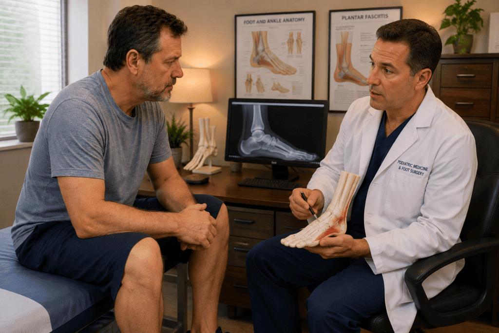 Patient in warm consultation with a physician reviewing the anatomy of the plantar fascia using a foot model.