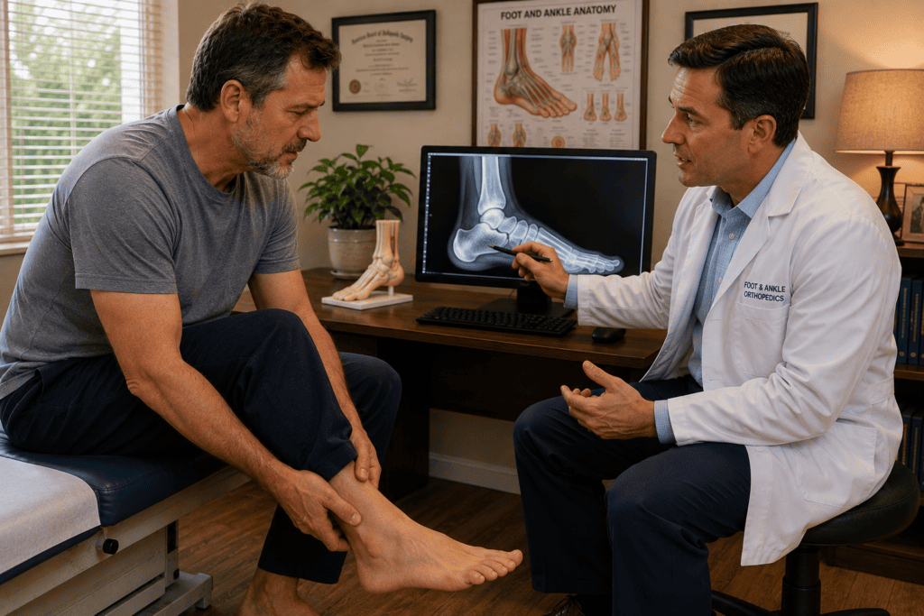 Patient consulting with a physician about persistent heel pain warranting medical evaluation beyond complementary care alone.