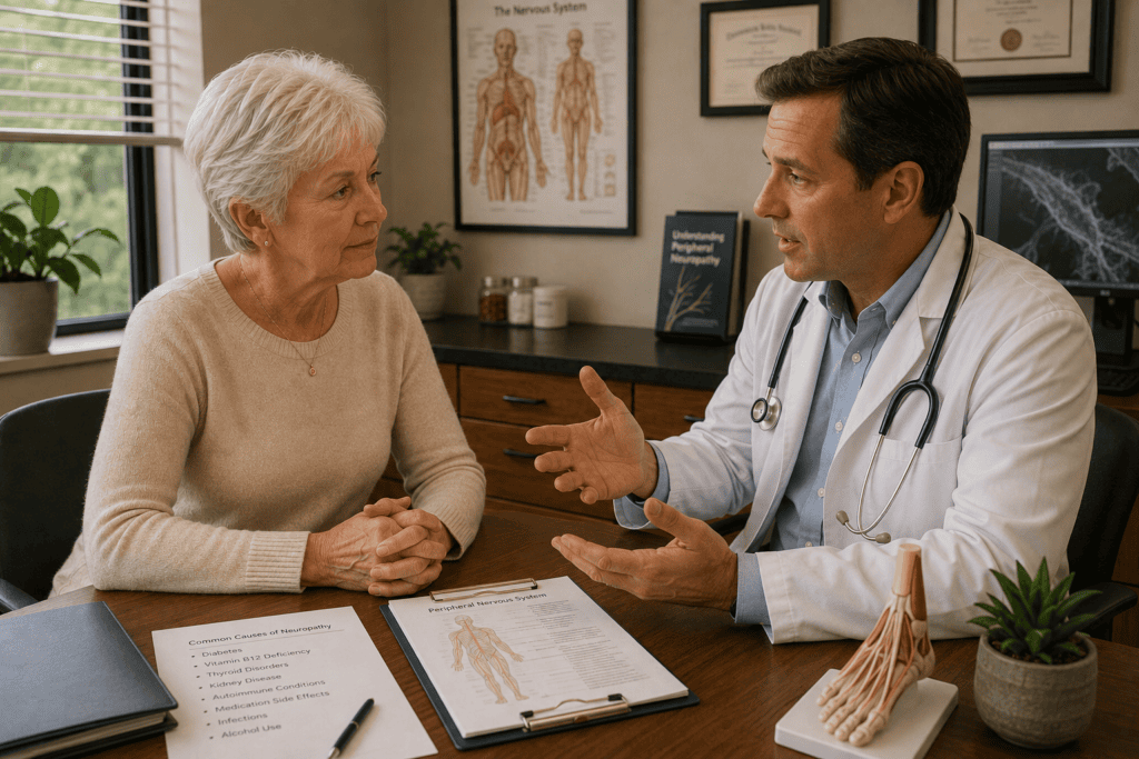 Patient in warm consultation with a physician about neuropathy symptoms requiring medical evaluation for underlying cause.