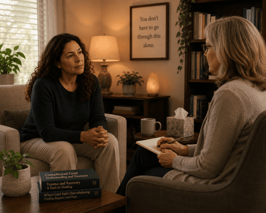 Patient in warm consultation with a mental health professional discussing complicated grief requiring professional support.