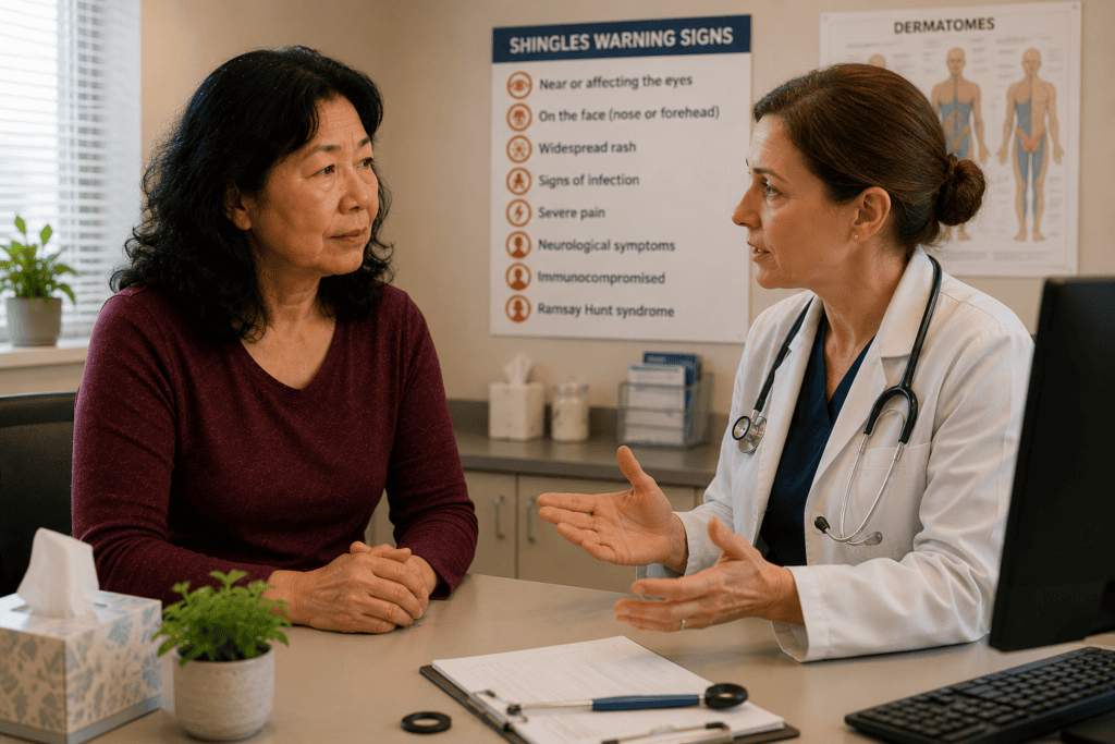 Patient consulting urgently with a physician about shingles symptoms warranting immediate medical evaluation.