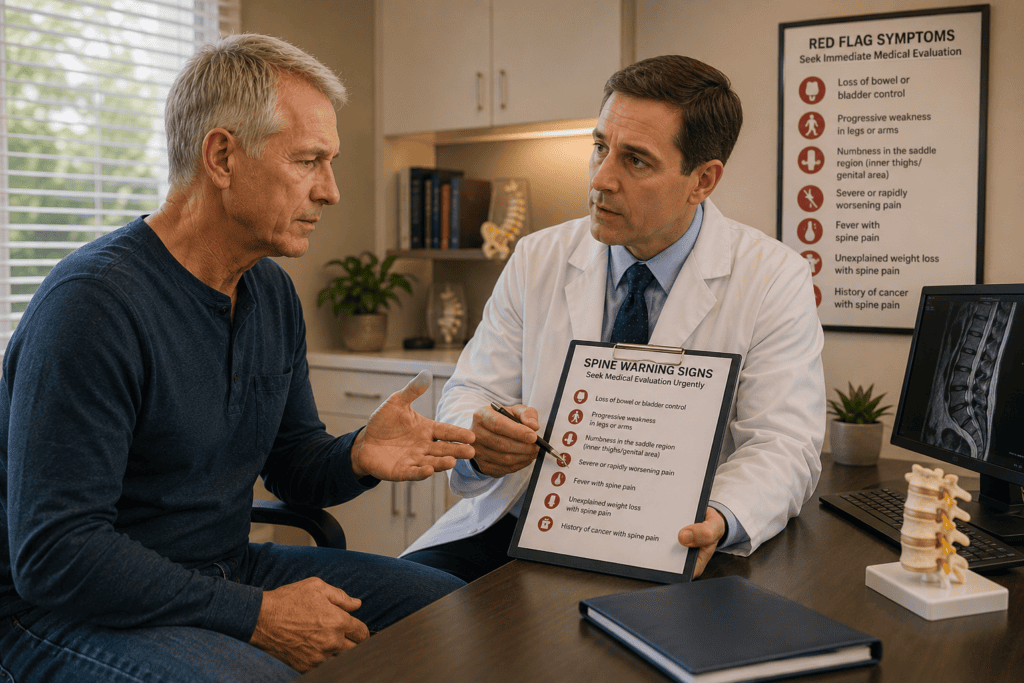 Patient consulting urgently with a physician about spine symptoms requiring immediate medical evaluation.