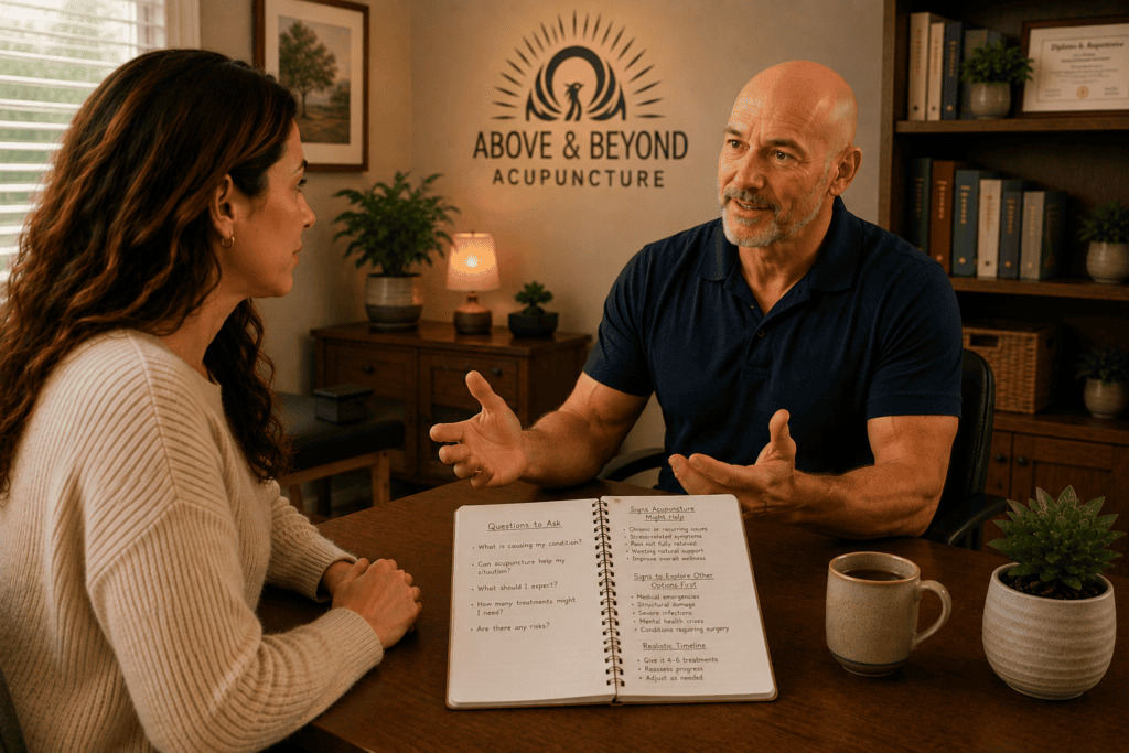 Patient in warm consultation with a licensed acupuncturist determining whether acupuncture fits their specific situation through honest assessment.