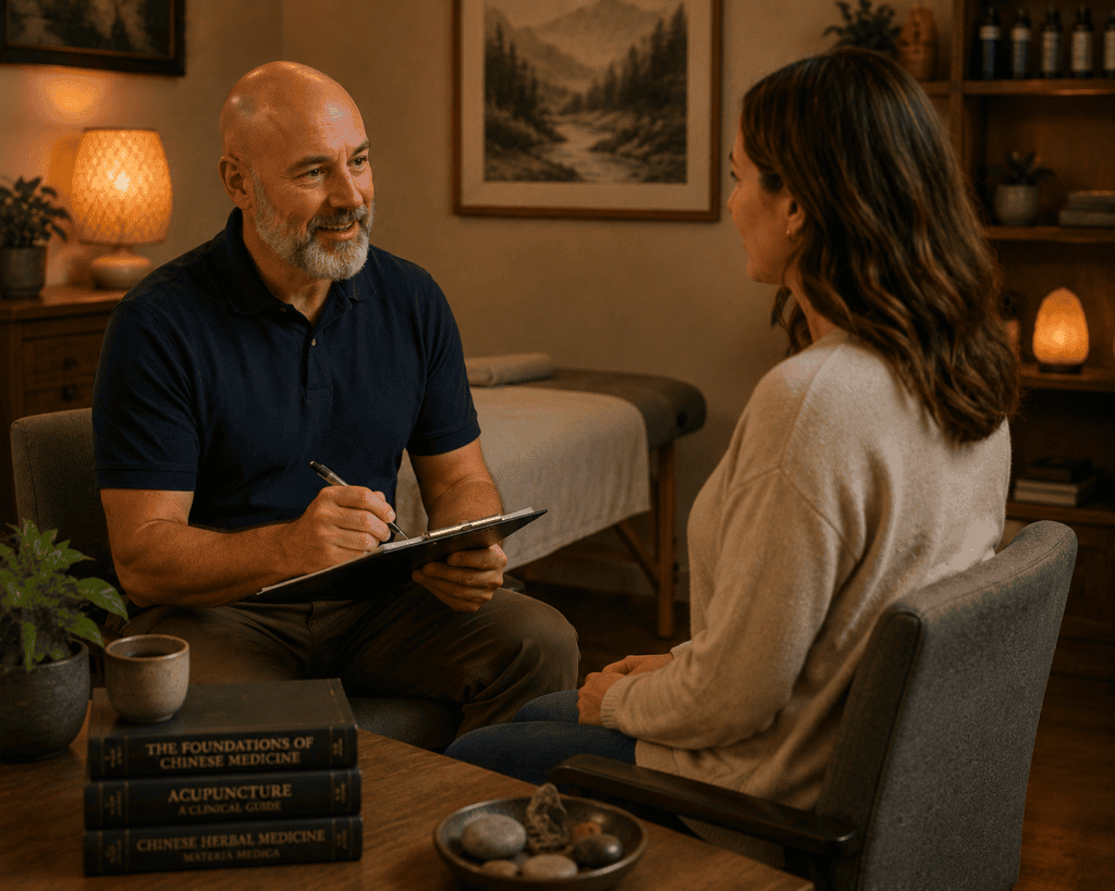 Patient in warm consultation with a licensed acupuncturist before receiving an acupuncture treatment session.