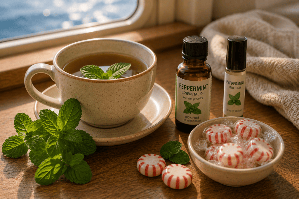 Peppermint tea, peppermint essential oil, and peppermint candies arranged as natural remedies for sea sickness nausea.