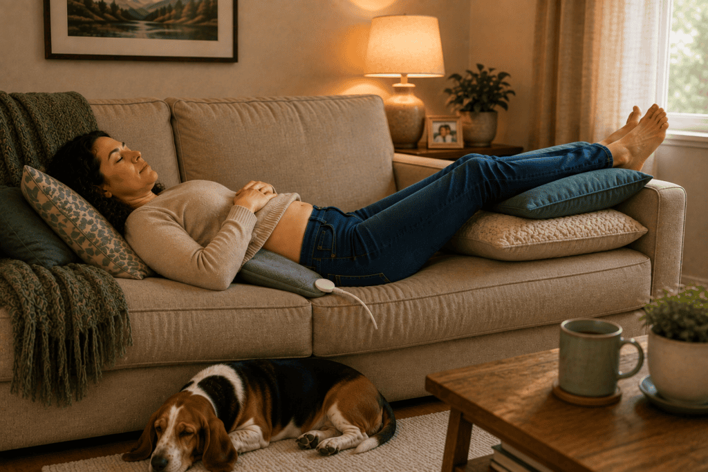 Person at home applying a heating pad or hot water bottle to the low back for sciatica relief and muscle relaxation.