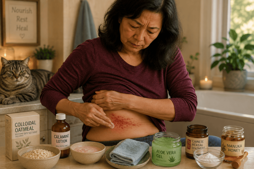 Person at home applying topical care including colloidal oatmeal soak or calamine to a shingles rash for symptomatic relief.