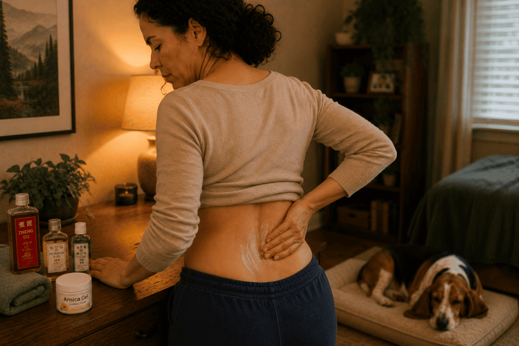 Person at home applying topical Chinese medicinal preparations or arnica gel to the low back for localized sciatica relief.