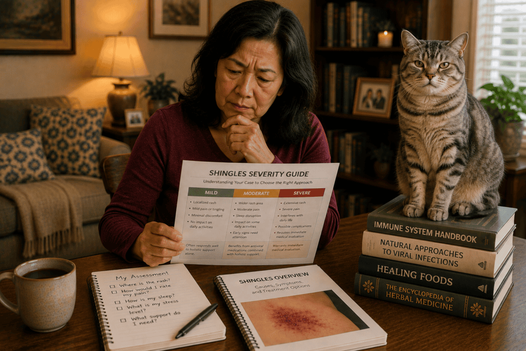 Person at home assessing the severity of a shingles case to determine the appropriate response.