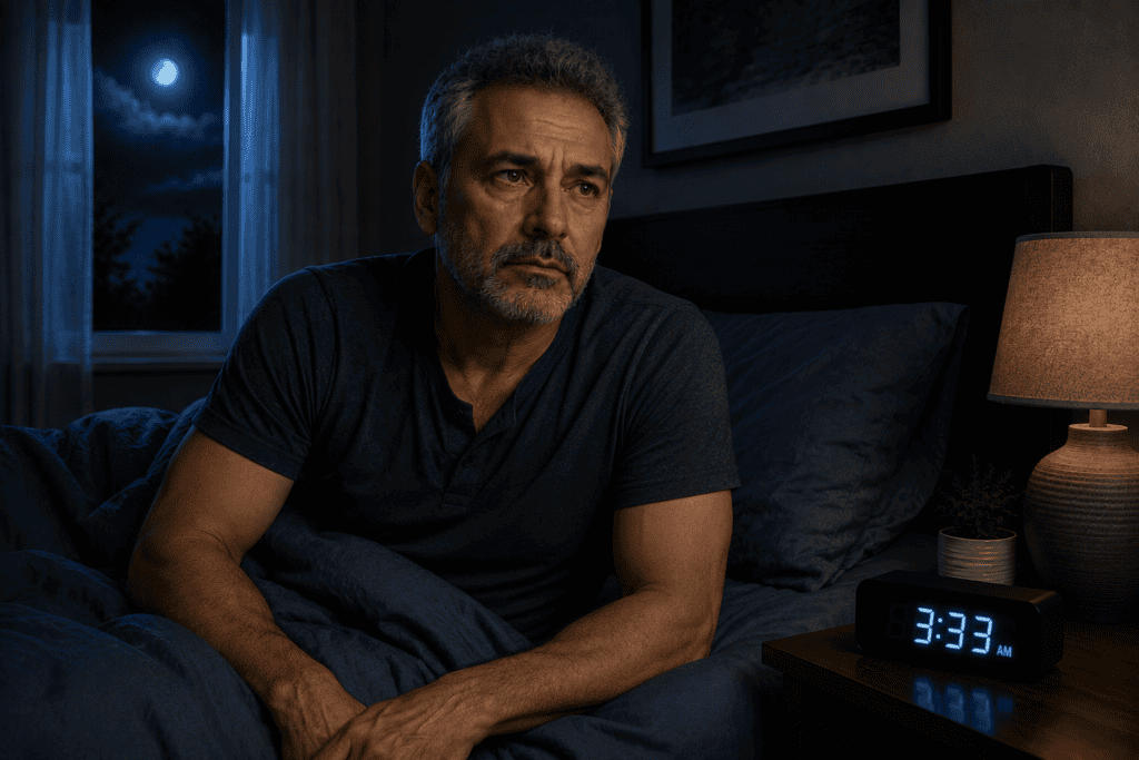 Man in his mid-50s sitting awake in bed at 3:33 AM after waking during the night and being unable to fall back asleep.