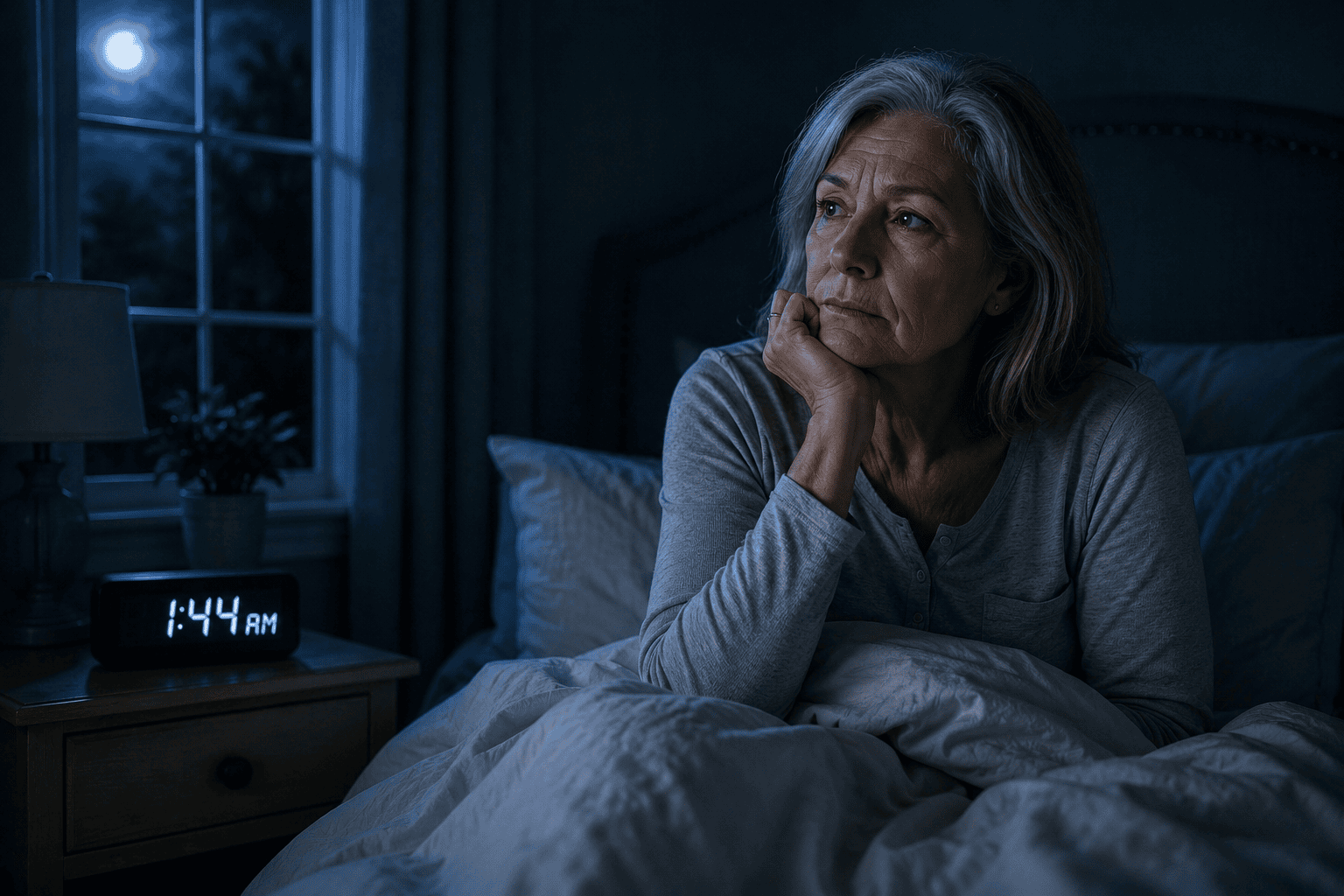 Person sitting up in bed at 3am unable to fall back asleep after waking in the middle of the night with a busy mind.