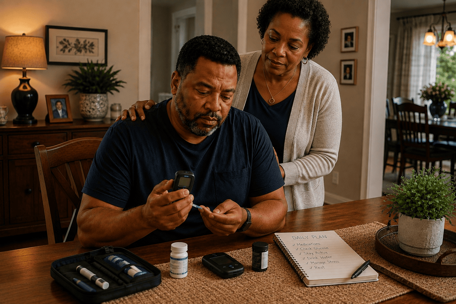 Middle-aged Black man checking his blood sugar at the dining room table while his wife stands behind him with a reassuring hand on his shoulder.