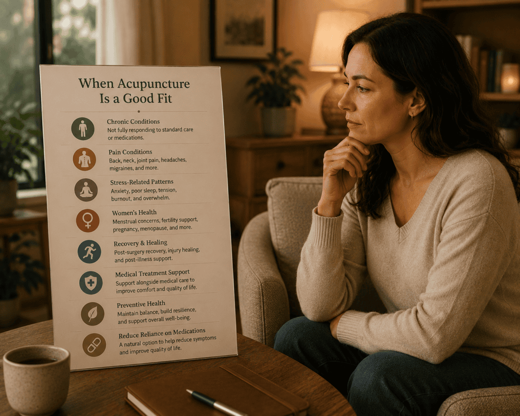 Person considering acupuncture treatment for their specific health situation whether chronic condition pain support or wellness maintenance.