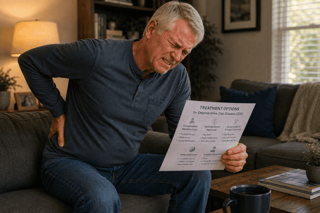 Person at home considering treatment options for DDD including conservative Western care, acupuncture as primary treatment, and integrated care.