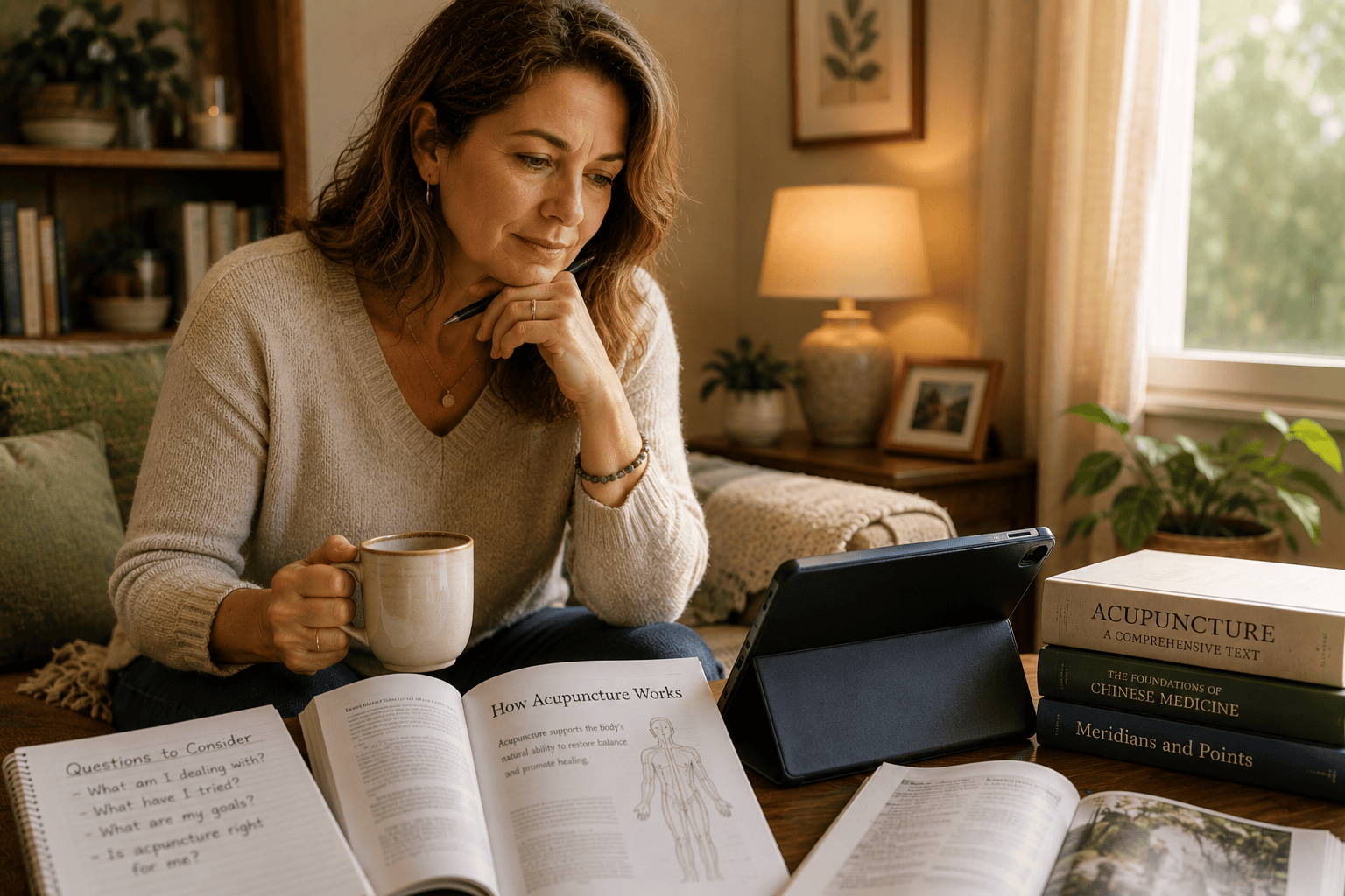 Person at home considering whether acupuncture can help with their specific health situation as part of an informed decision-making process.