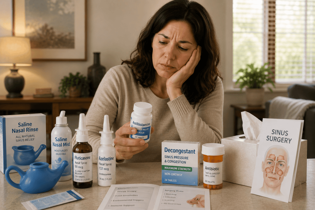 Person at home with multiple chronic sinusitis treatments visible including nasal sprays, antihistamines, and neti pot for chronic sinus management.