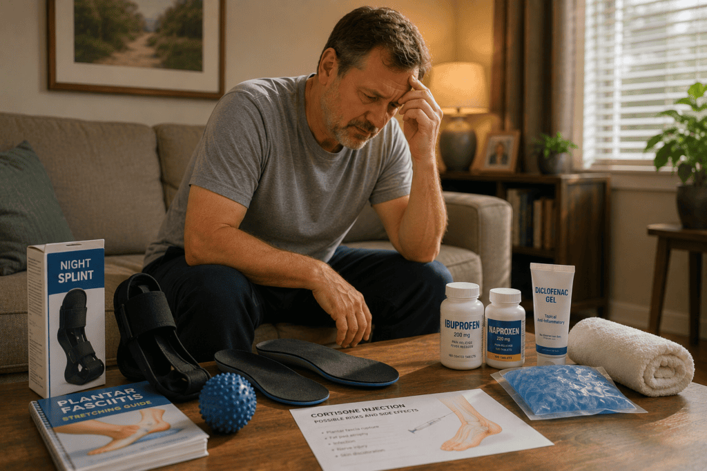 Person at home with multiple plantar fasciitis treatments visible including orthotics, night splint, and anti-inflammatory medications.