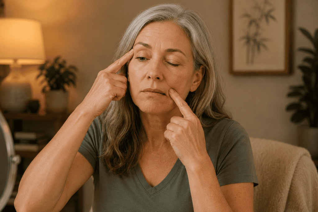 Person at home practicing acupressure on the face to support Bell's palsy recovery, communicating the daily commitment to the healing process.