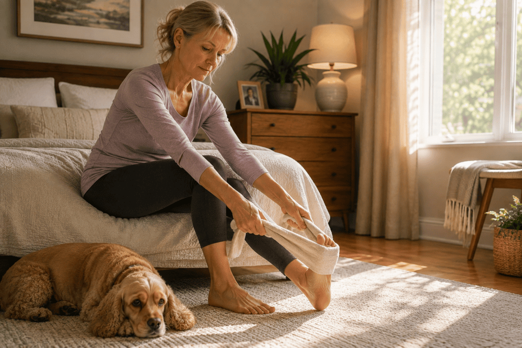 Person sitting on the edge of the bed using a towel to gently pull the toes back before standing, illustrating the pre-morning stretch for plantar fasciitis.