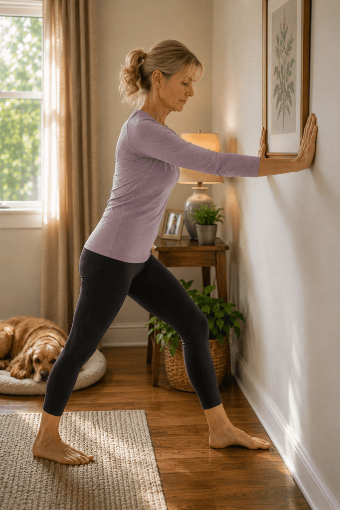 Person doing the classic wall calf stretch with one leg extended back and hands on the wall, addressing the tight calves that contribute to plantar fasciitis.