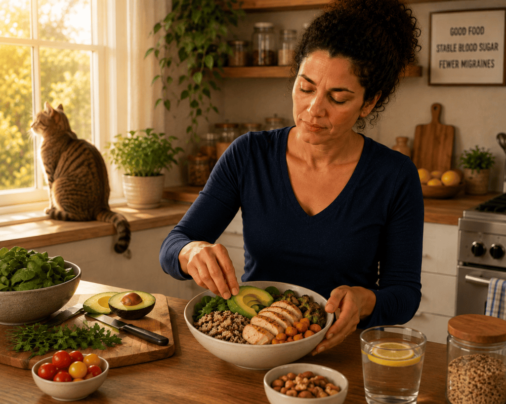 Person preparing a balanced meal with adequate protein for blood sugar stability and migraine prevention.