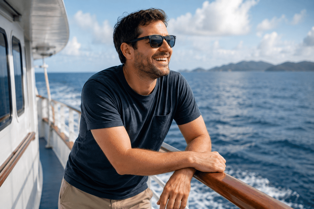 Man smiling on the deck of a boat while comfortably enjoying the ocean after successfully managing sea sickness.