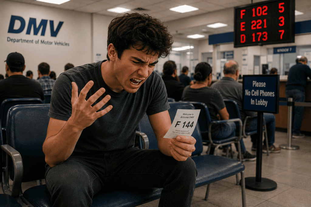Young man sitting in a DMV waiting room becoming increasingly frustrated while waiting for his number to be called.