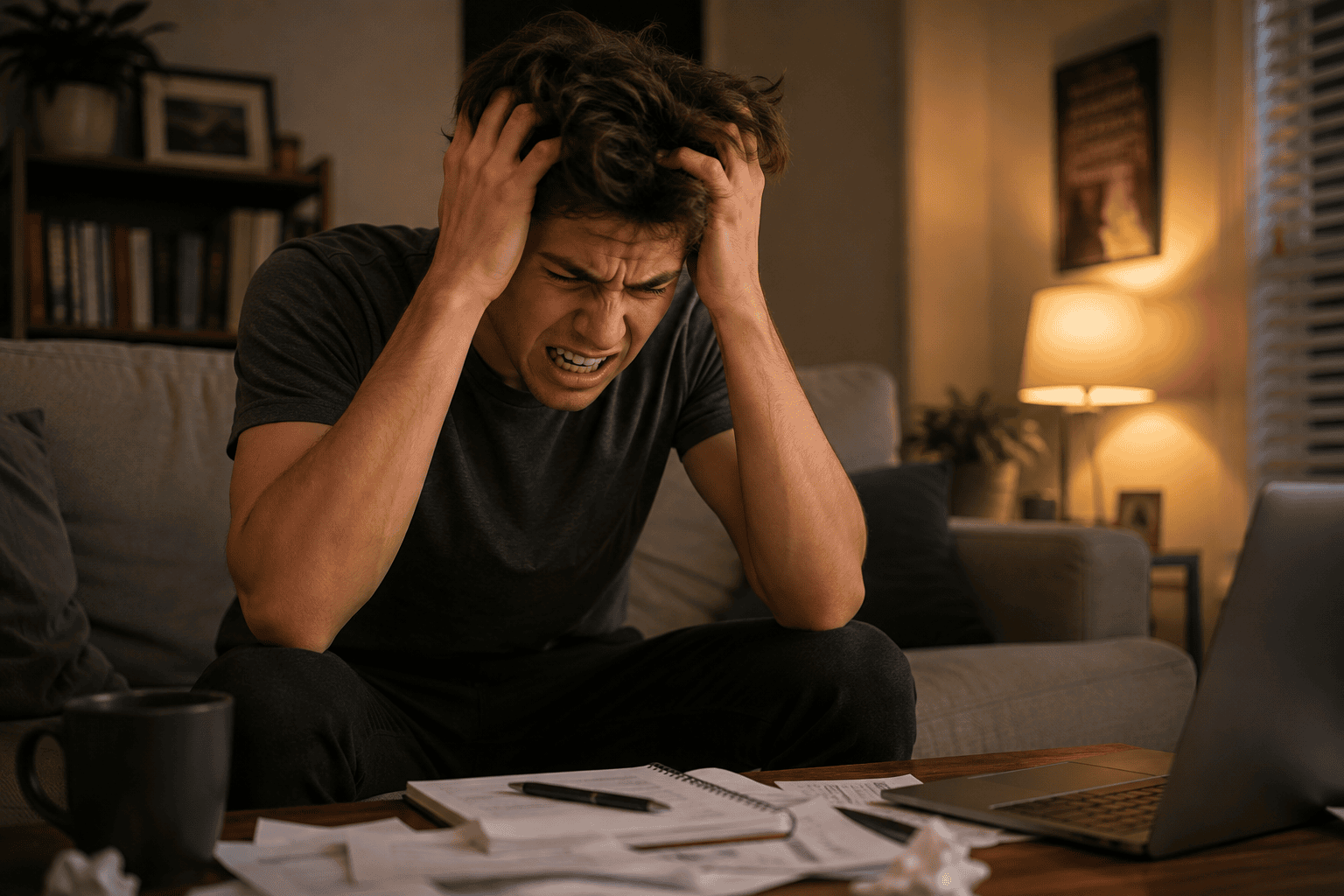 Person at home experiencing the tension and emotional intensity of chronic frustration while trying to work through a difficult situation.