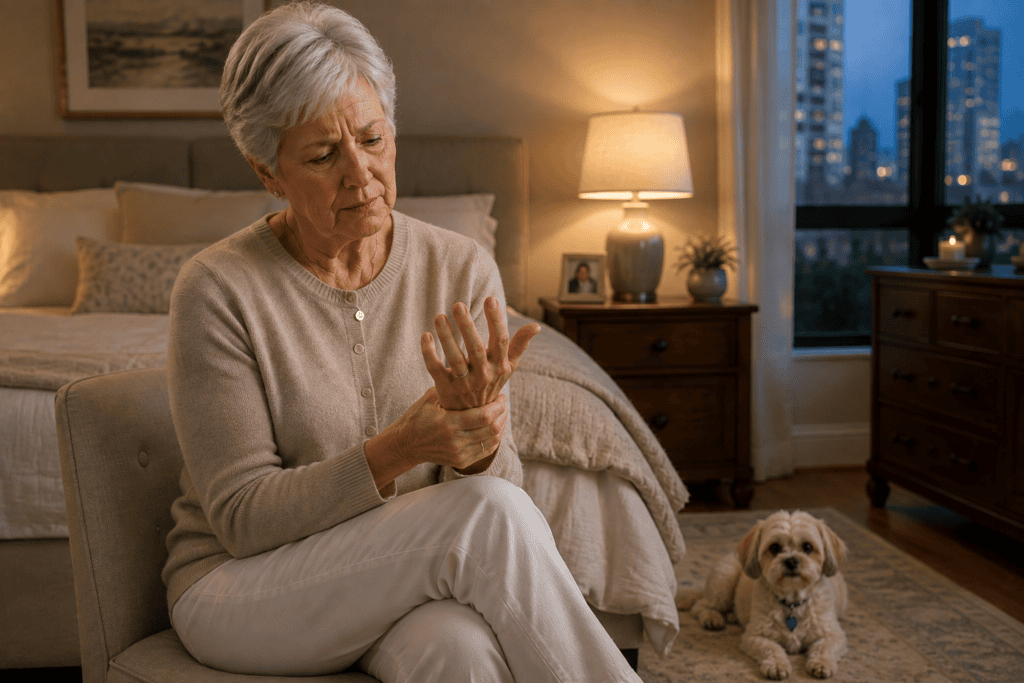 Older woman with short silver hair sitting in a bedroom chair while experiencing neuropathy symptoms in her hand, with her small companion dog resting nearby.