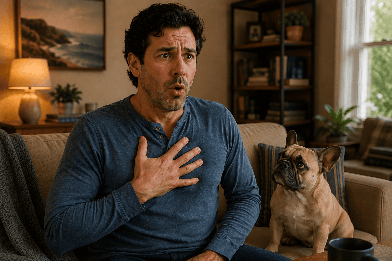 Person at home holding the chest with expression of surprise and frustration experiencing an involuntary hiccup that will not stop.