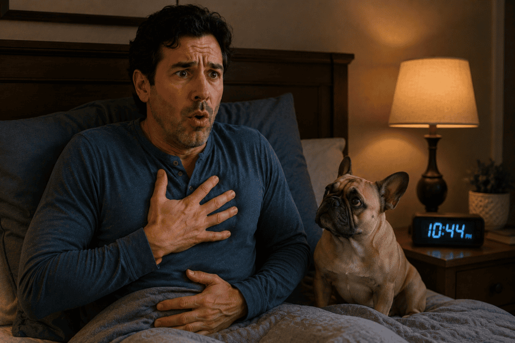 Person sitting upright in bed at night experiencing persistent hiccups while a concerned French bulldog watches beside them.